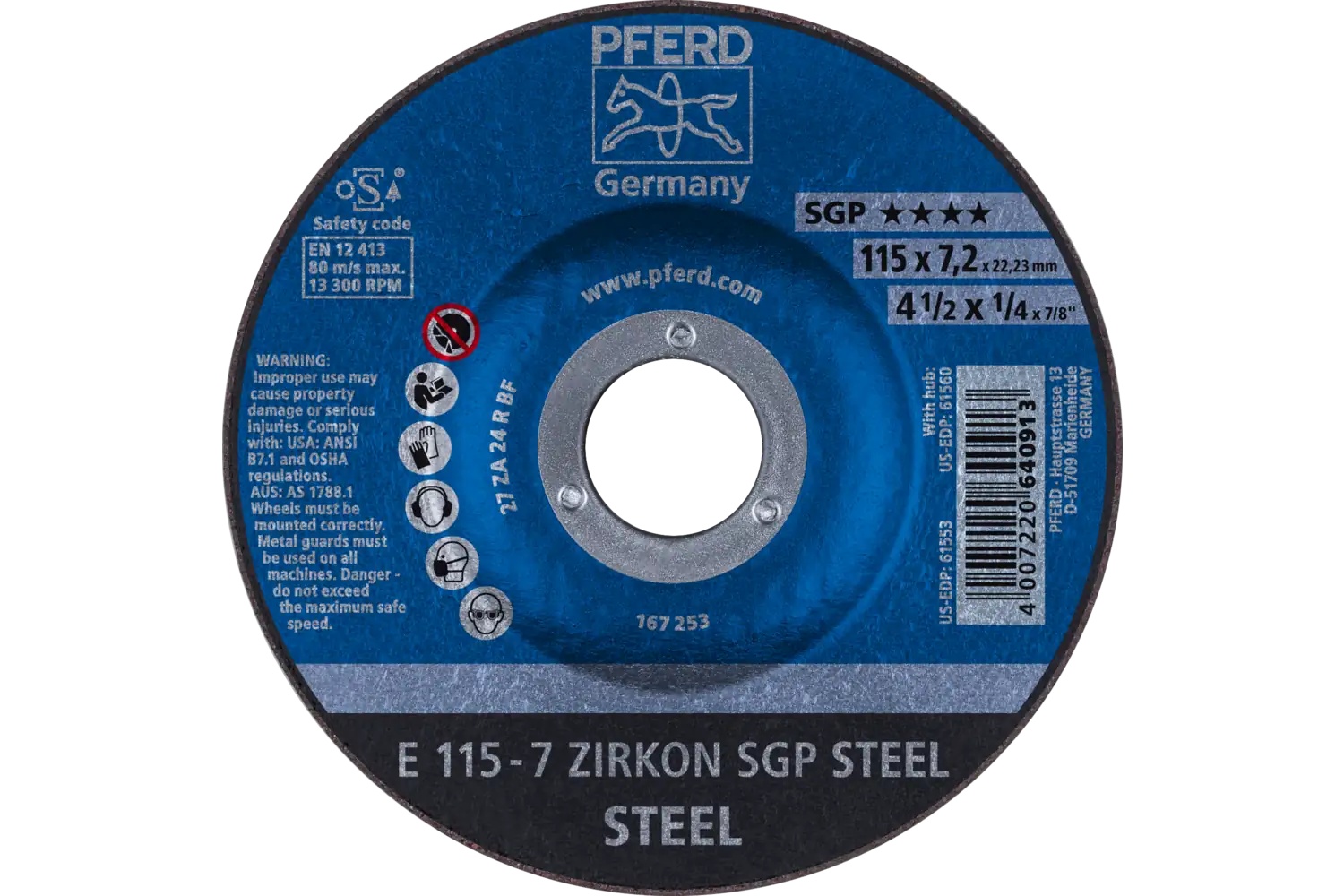 Picture of Pferd Grinding Wheel, 4-1/2" X 1/4 X 7/8, Sgp Zirkon Steel, T27, Ao, Sic